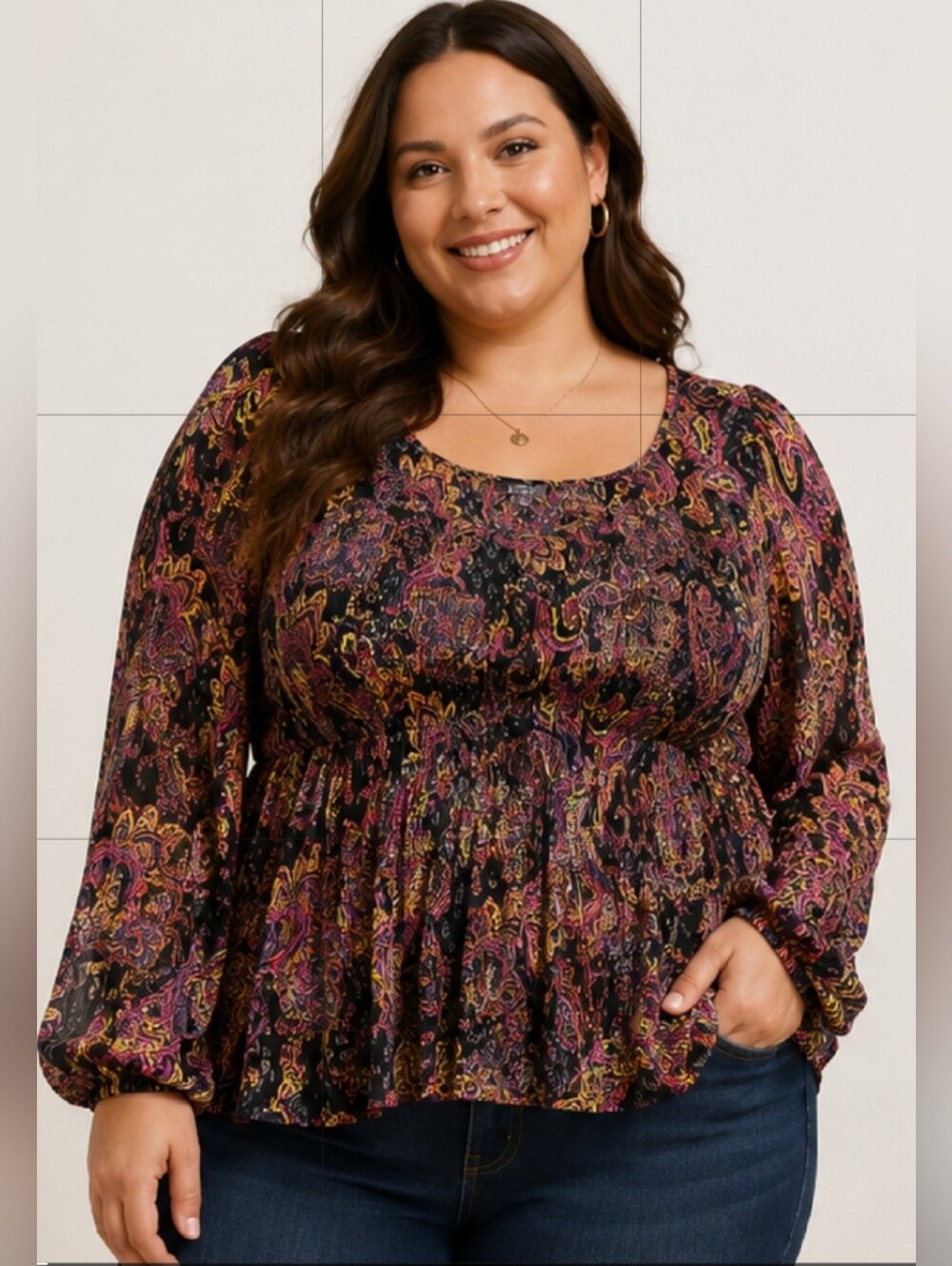 Ninety Clothing Co. Women’s 100% Rayon Paisley Peplum Blouse Plus Size 2X